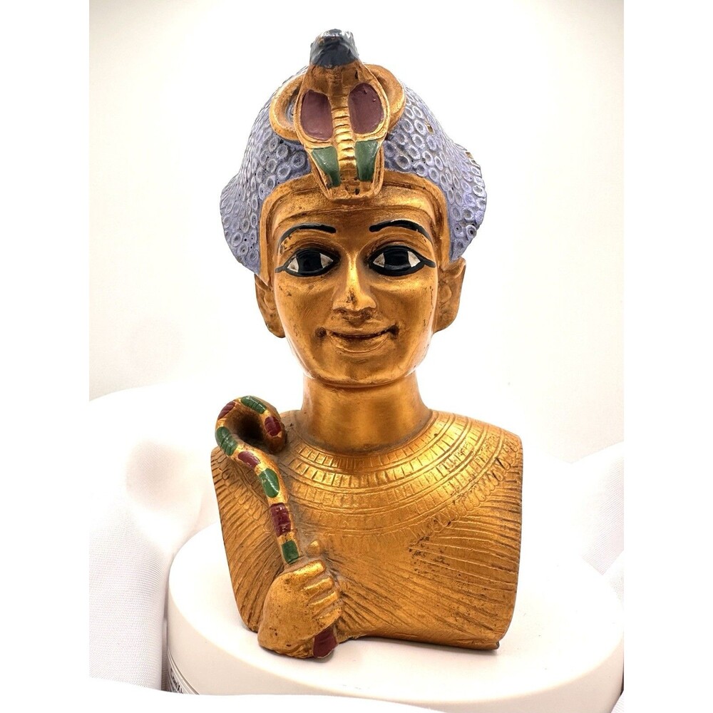 Ancient Egyptian King Tut Bust Statue Handcrafted Pharaoh Head Gold Decor Gift